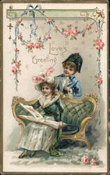 Love's Greeting, Boy & Girl on Chaise Lounge Postcard