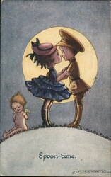Spoon-time, Boy Soldier Kissing Girl by Flora White Postcard