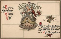 Best New Year Wishes, 18th Century Couple Under Mistletoe Postcard