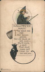 Halloween Magic Witch and Black Cat Poem Postcard
