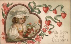 Valentine Greeting with Girl in Bonnet and Hearts Postcard