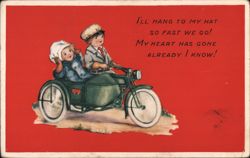 Boy and Girl on Motorcycle, "I'll hang to my hat so fast we go!" Postcard