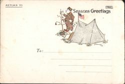 Seasons Greetings - Soldier by Tent with US Flag Postcard