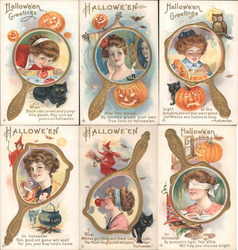 Set of 6: Halloween Greetings, Mirror Divination Scenes Postcard