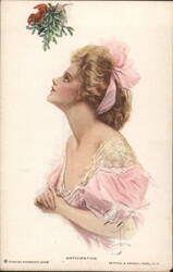 Anticipation - Woman Gazing at Mistletoe Postcard