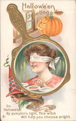 Halloween Greetings: Blindfolded Woman, Witch, JOL Postcard