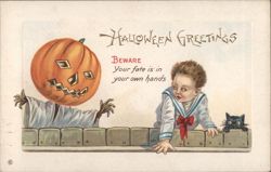 Halloween Greetings, Child, JOL, and Black Cat Postcard
