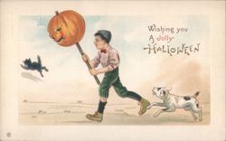 Boy with Jack-O-Lantern, Black Cat, Dog, A Jolly Halloween Postcard