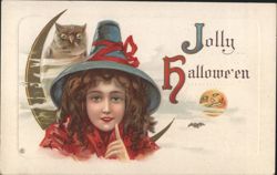 Jolly Hallowe'en: Witch with Owl and Crescent Moon Postcard