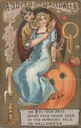 A Joyful Halloween: Woman on JOL, Man Looking in Mirror Postcard