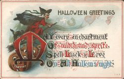 Halloween Greetings, Witch, JOL, Horseshoe Postcard