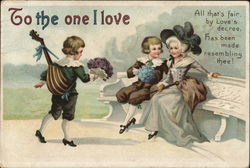 Two Boys Giving Bouquets to Woman on Bench Postcard