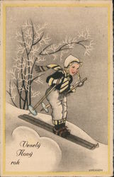 Vesely Novy rok - Girl Skiing Postcard