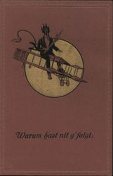 Rare Devil Riding Biplane Postcard